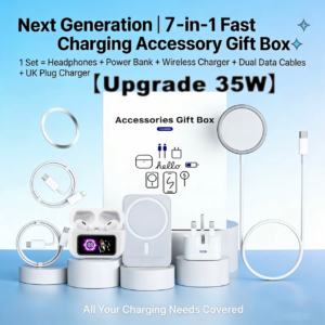 Mobile accessory set: Power Bank, Headphones, Charger and Data Cable, Magnetic Charging.