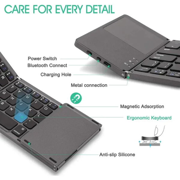 With its ultra-slim folded profile, this keyboard easily fits into small bags, briefcases, or even pockets. The reduced thickness and lightweight construction make it a perfect travel companion. It eliminates the need to carry heavy keyboards while still delivering full productivity functionality wherever you go.