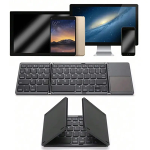 This foldable keyboard features a compact tri-fold structure that allows it to shrink into a pocket-sized form when not in use. When unfolded, it instantly transforms into a full typing keyboard, providing a stable and comfortable input experience. The intelligent folding mechanism is designed for portability, making it ideal for travel, business trips, and mobile office use, allowing users to carry a full keyboard anywhere with ease.