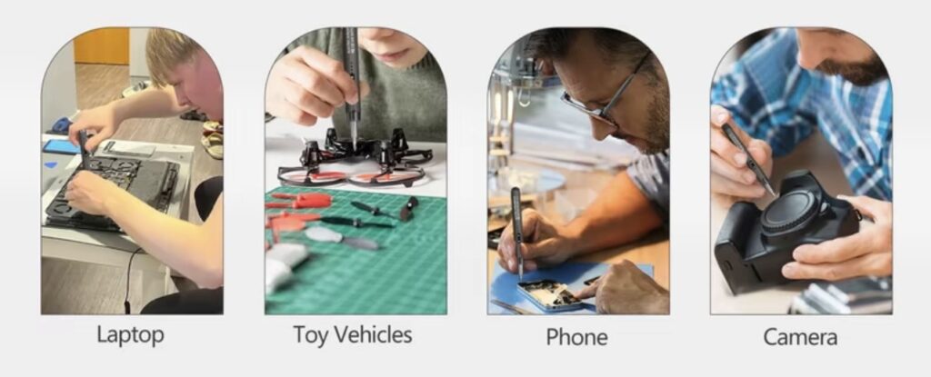 An all-in-one solution combining electric screwdriver, precision bits, pry tools, and storage system for complete device repair workflow.