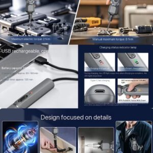 This upgraded electric screwdriver is engineered for precision electronics repair, including smartphones, laptops, tablets, cameras, and small household devices. The improved torque control prevents damage to delicate components, while the higher speed ensures efficient disassembly. It is designed to operate safely within tight internal structures, making it an essential tool for modern electronics maintenance.