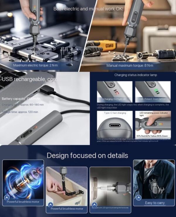 This upgraded electric screwdriver is engineered for precision electronics repair, including smartphones, laptops, tablets, cameras, and small household devices. The improved torque control prevents damage to delicate components, while the higher speed ensures efficient disassembly. It is designed to operate safely within tight internal structures, making it an essential tool for modern electronics maintenance.