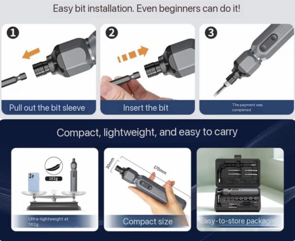 upgraded 38-in-1 Electric Screwdriver Set is designed with a highly efficient magnetic bit system that significantly improves usability and working speed. Each precision bit features strong magnetic adsorption, allowing quick attachment and stable fixation during operation. This ensures screws are firmly held in place, reducing the risk of dropping or losing tiny components during delicate repair tasks.