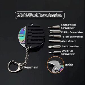 Multiple replaceable screwdriver bits, concealed folding knife/keychain pendant