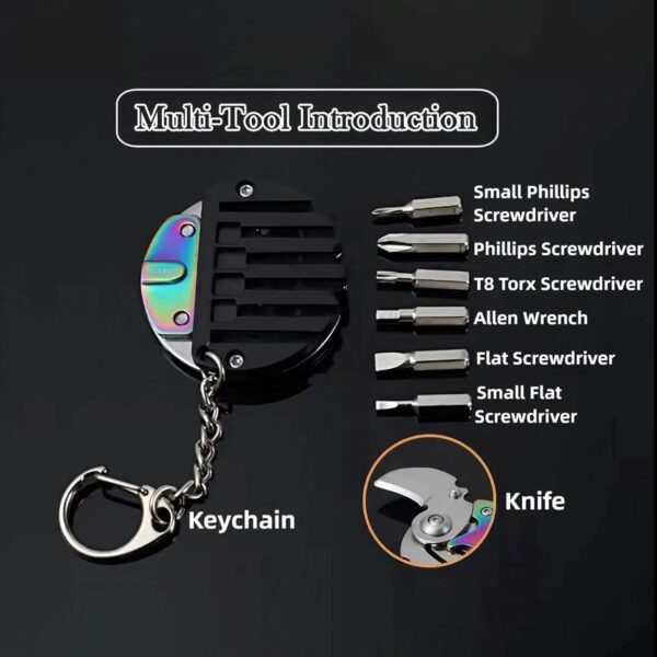 Multiple replaceable screwdriver bits, concealed folding knife/keychain pendant