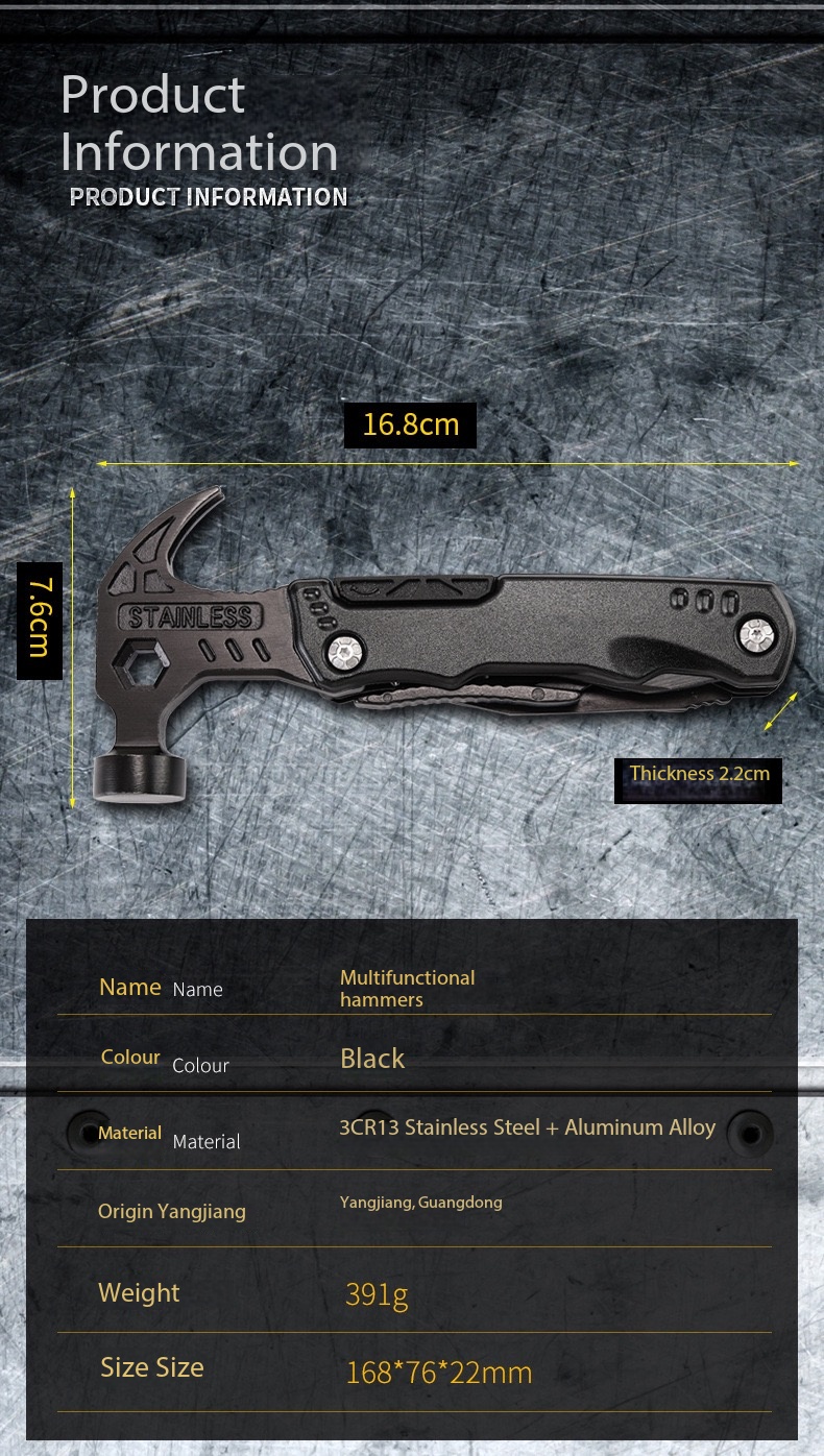 Have you ever needed a screwdriver, pliers, knife, or bottle opener but couldn’t find the right tool at the moment you needed it? Traditional toolboxes may contain everything, but they are usually bulky and inconvenient to carry. Small single-purpose tools are easy to carry but often cannot handle different situations. This folding multifunction hammer changes the way everyday tools are carried and used. It combines multiple practical tools into one compact folding design, including hammer, pliers, knife, screwdriver, wire cutter, bottle opener, hex wrench, and bit holder functions. Instead of carrying multiple separate tools, you can keep this compact multitool ready for everyday repairs, outdoor activities, camping, hiking, travel, and emergency situations.