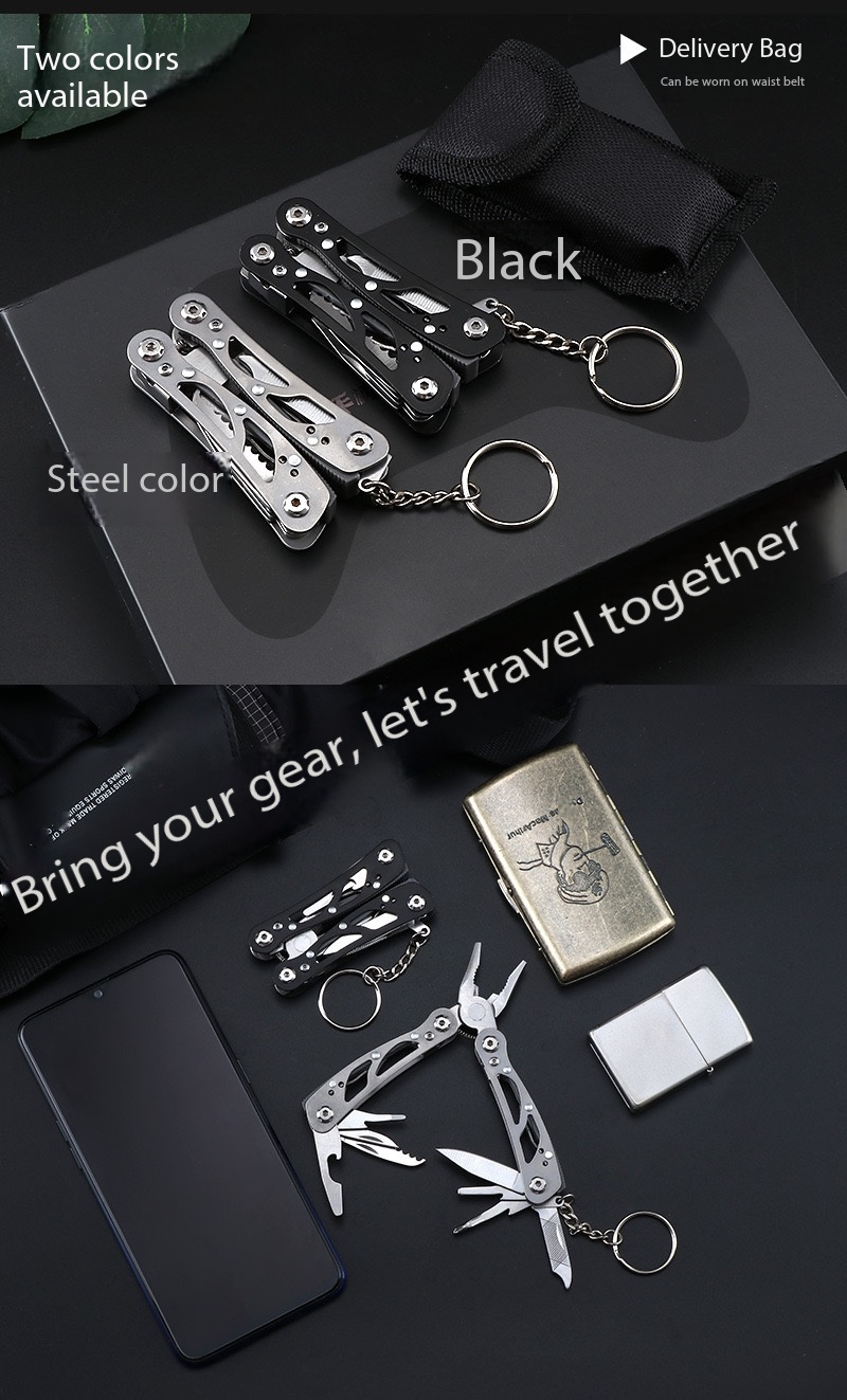Not every problem in daily life requires a full-size toolbox. Sometimes you only need a simple tool to open a package, tighten a loose screw, cut a small piece of material, or handle a quick adjustment. This compact folding multi-tool is designed for everyday convenience. It combines multiple useful tools into one small and portable design, making it easy to carry anywhere you go. When folded, the tool takes up very little space and can be attached directly to your keychain, placed in your pocket, backpack, car compartment, or daily carry setup. Unlike traditional tools that stay at home because they are too large to carry, this mini multi-tool is always ready when you need it. When opened, it works as a compact pair of pliers for gripping and handling small objects. The built-in tools provide extra versatility, including screwdrivers, scissors, bottle opener, file, small knife, and other practical functions for everyday situations. From opening delivery packages at home, making quick adjustments at work, organizing small items, or preparing for outdoor activities, this multi-tool provides convenient support without taking up unnecessary space. Its lightweight folding structure makes it ideal for people who appreciate practical gear, simple solutions, and smart everyday accessories. A keychain does not have to be just an accessory. With this compact multi-tool, it becomes a small but useful helper that is always within reach.